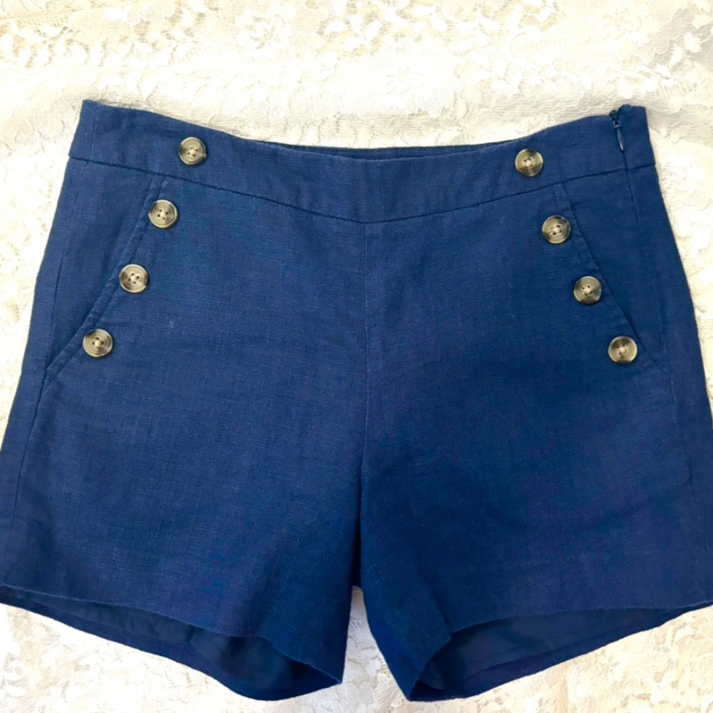 Blue Linen Shorts, pockets, fully lined, XS